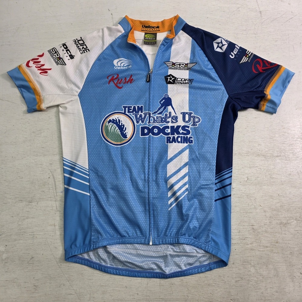Veloce Speedwear Women's Full Zip Blue Docksā Racing Cycling Jersey Sz L EUC